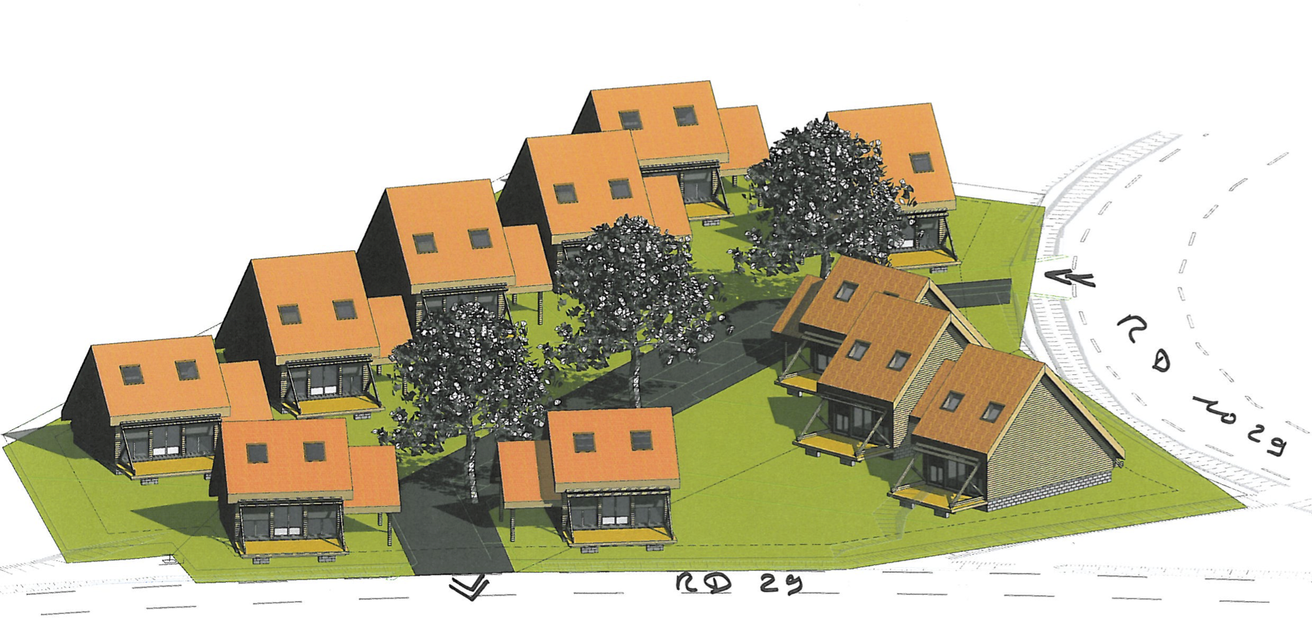 Vue 3D du lotissement Les Rives : 11 chalets en bois le long de la RD 29 à Espezel